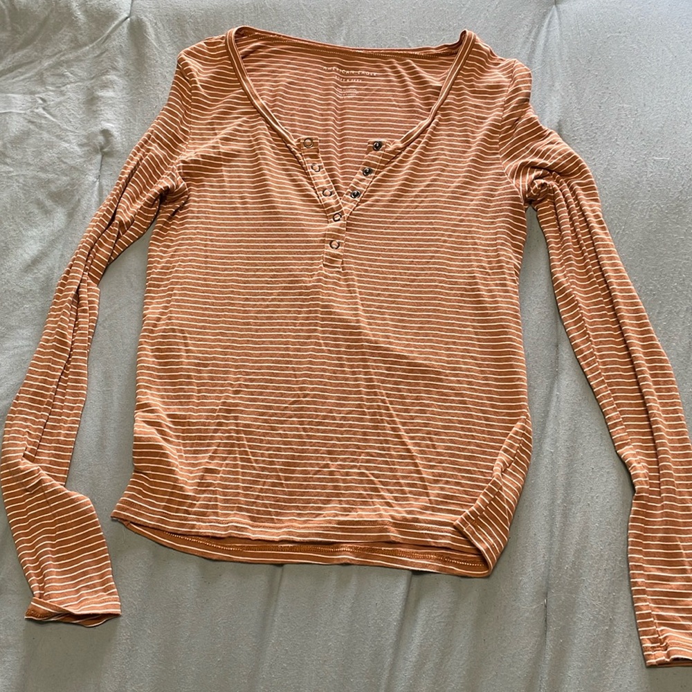 American Eagle Striped Henley Long Sleeve, Soft & Sexy